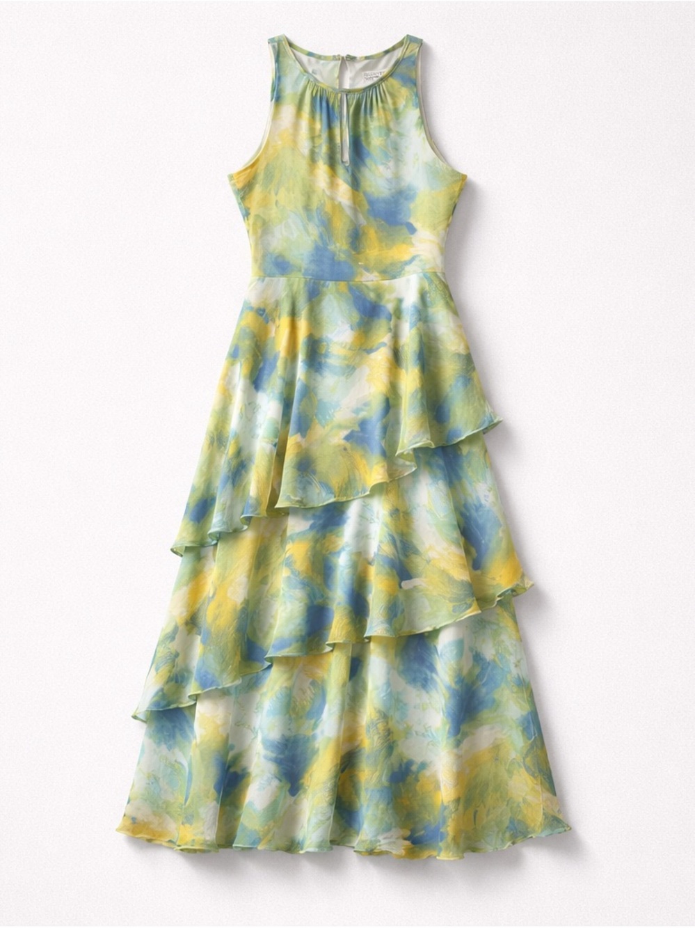 Tahari Watercolor Blue Yellow Green Tiered Maxi Dress